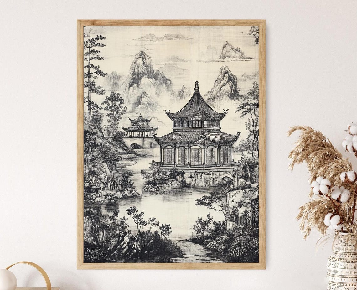 Chinoiserie Landscape Art Print Pagodas And Mountains Serene Wall Art