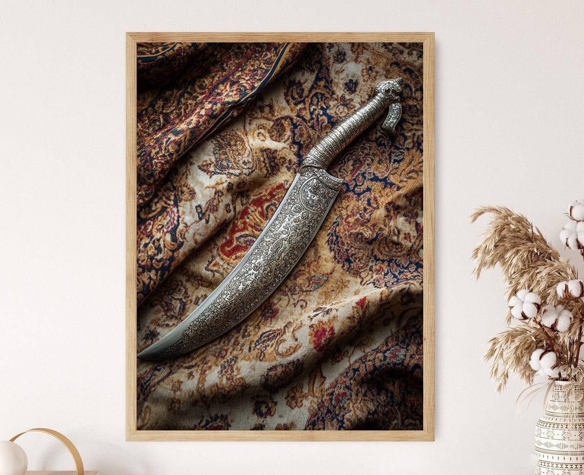 Intricate Sikh Kirpan Art Print Decorative Sword On Indian Textile Sikh Decor