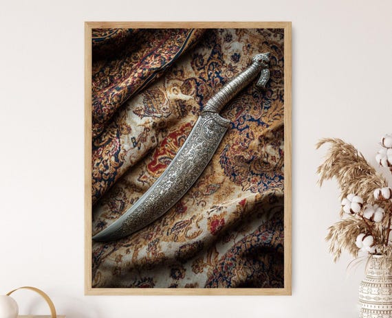 Intricate Sikh Kirpan Art Print Decorative Sword On Indian Textile Sikh Decor
