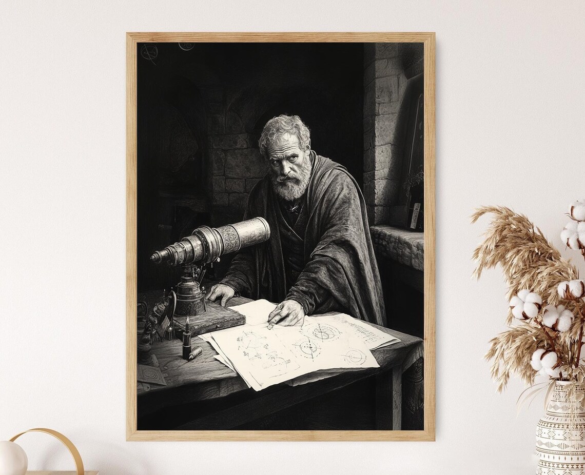 Galileo With Telescope, Vintage Pencil Drawing Art Print