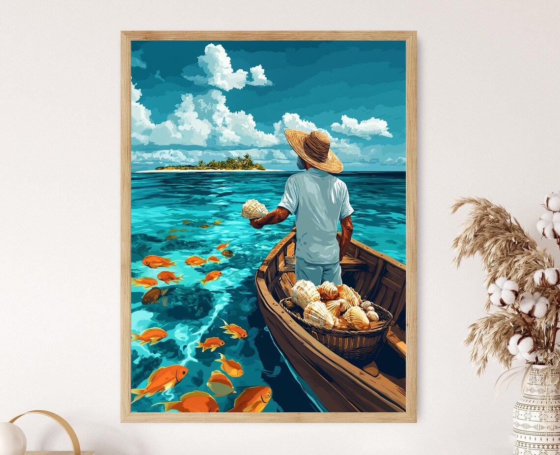 Turks And Caicos Conch Fishing Art Print, Island Life