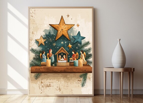 Rustic Wooden Nativity Scene with Star and Angels Christmas Poster