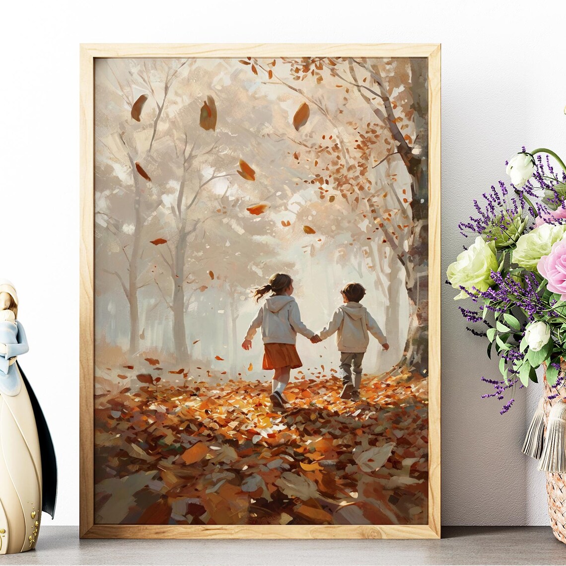 Kids Walking Autumn Forest Falling Leaves Painting Warm Fall Wall Art
