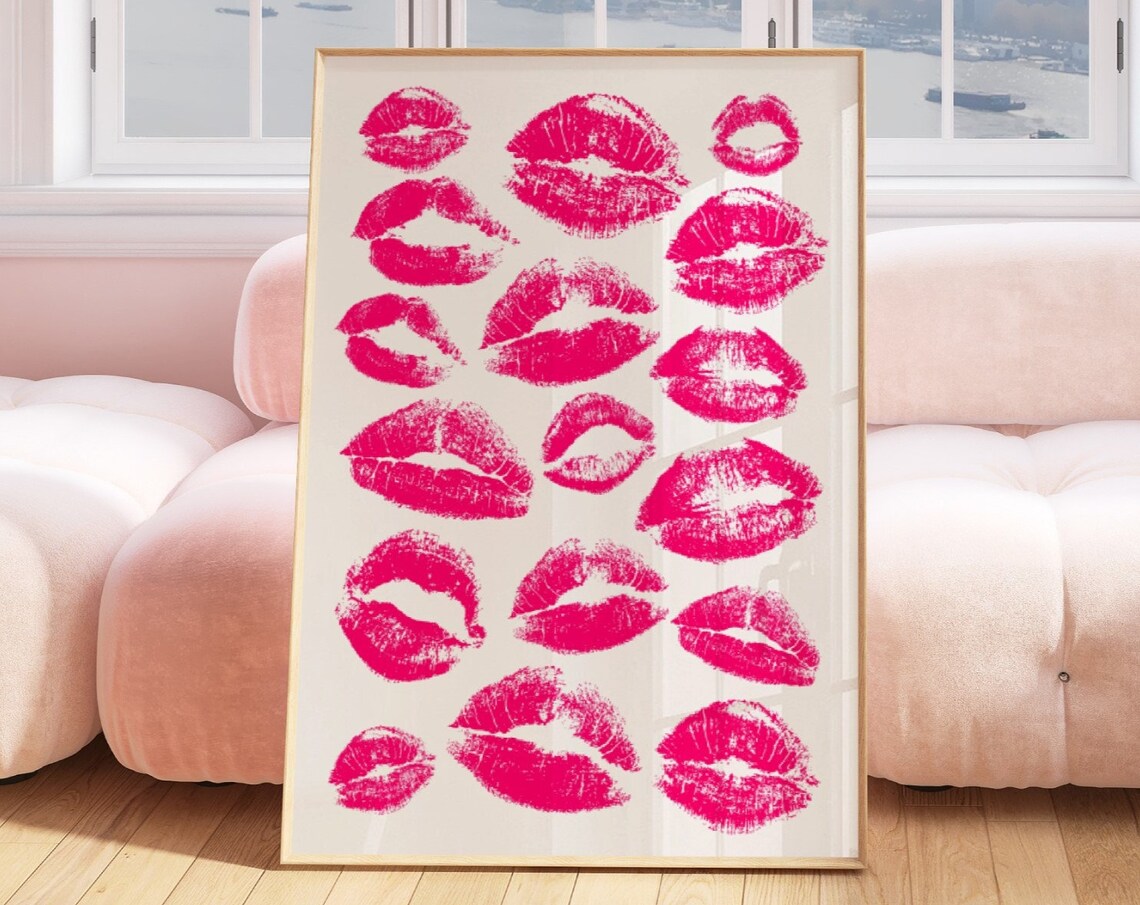 Pink Lipstick Kiss Marks Pattern Fashion Y2K Dorm Decor Poster
