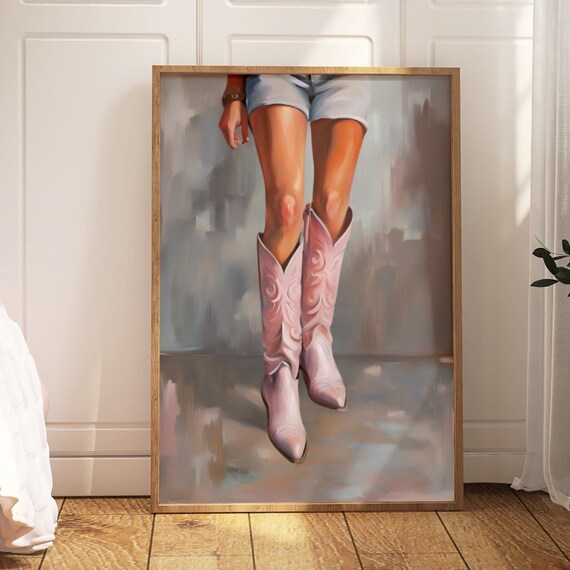 Pink Cowboy Boots Painting Coastal Cowgirl Western Poster Trendy Art
