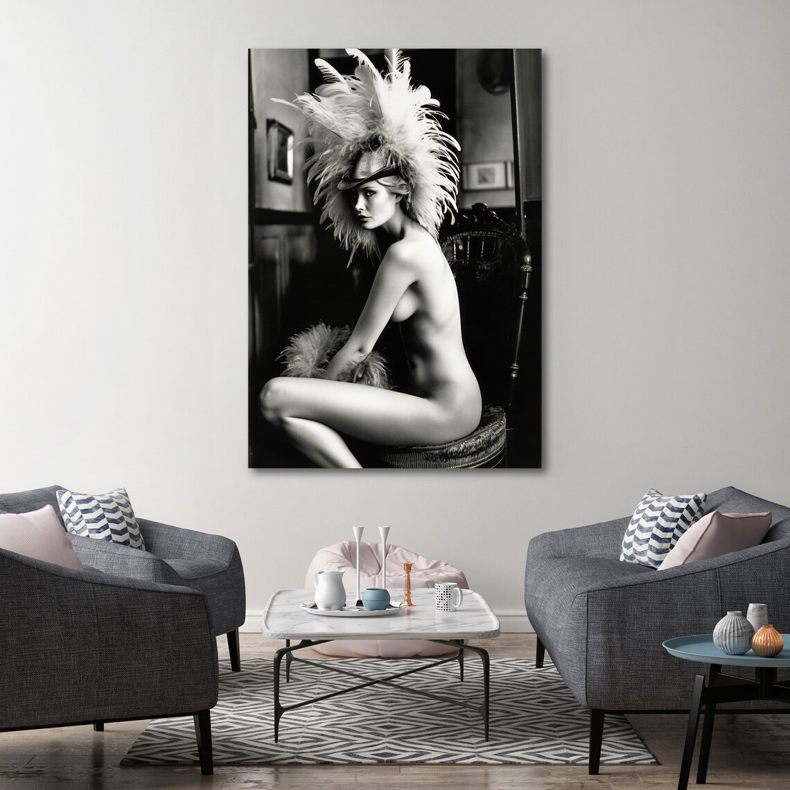 Vintage Allure Nude Woman Feather Hat, Elegant Art Print - Image 2