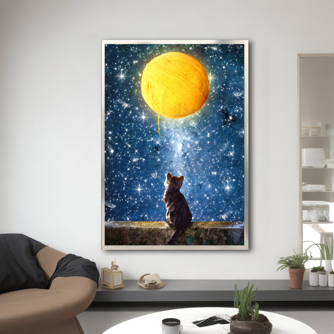 Dreamy Cat And Yarn Moon Painting, Whimsical - Image 3