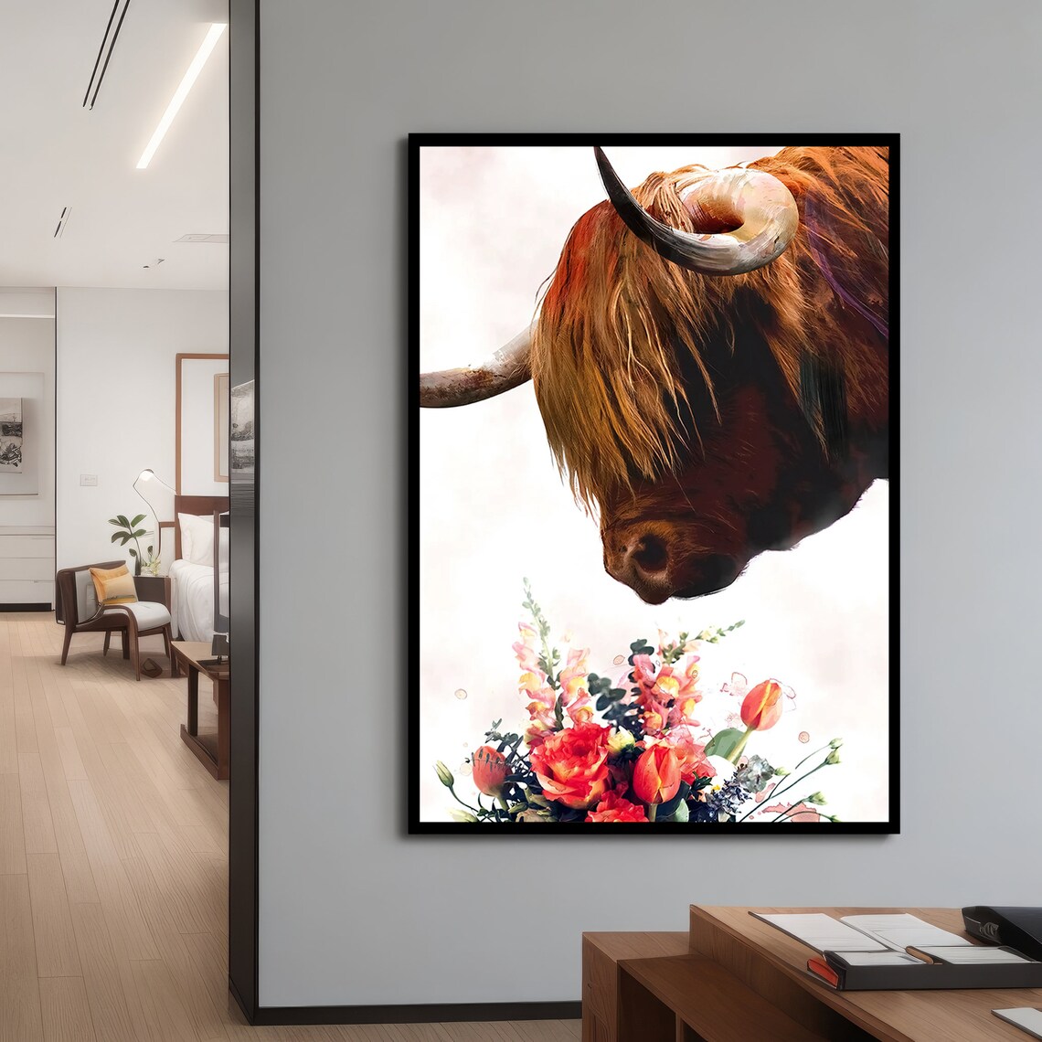 Highland Cow With Flowers Painting, Nature Gift - Image 4