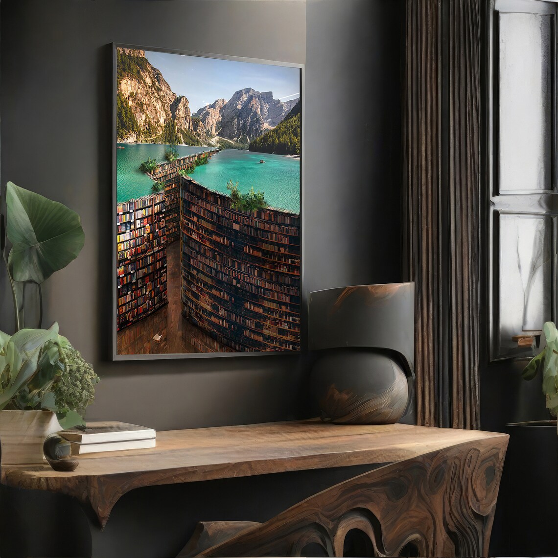 Surreal Library Lake Painting, Dreamy Home Decor