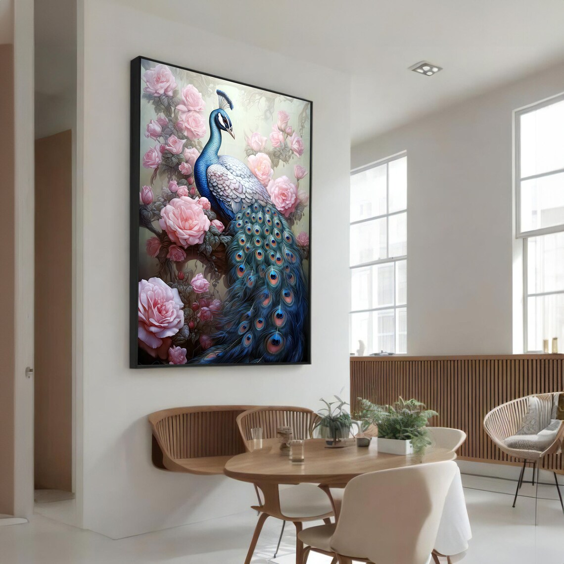 Elegant Peacock With Roses, Luxury Animal Art