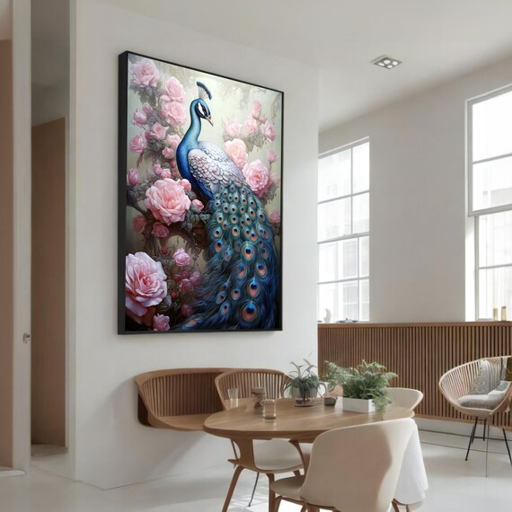 Elegant Peacock With Roses, Luxury Animal Art