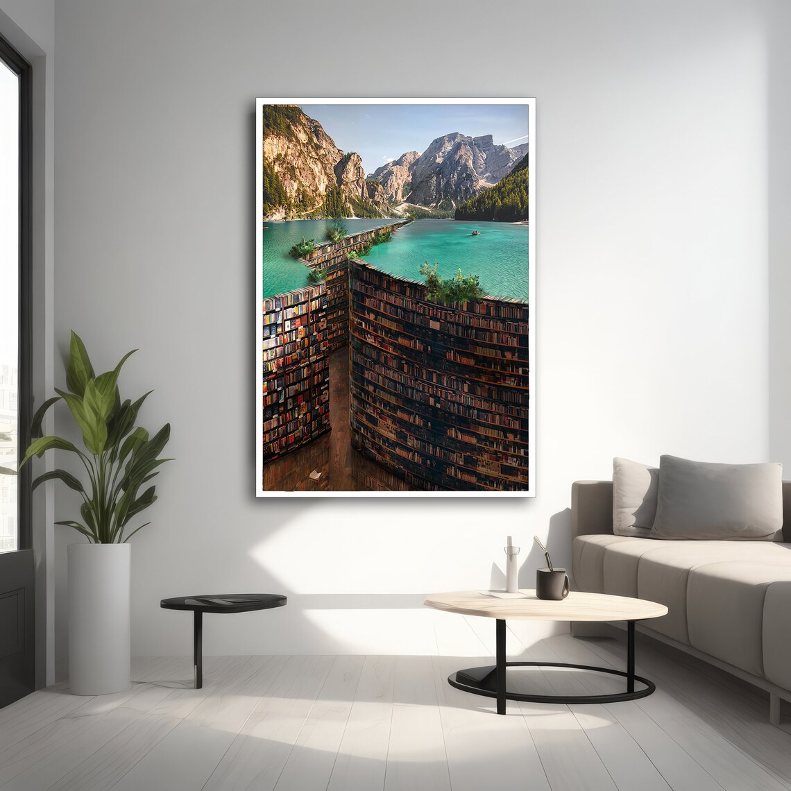 Surreal Library Lake Painting, Dreamy Home Decor - Image 2