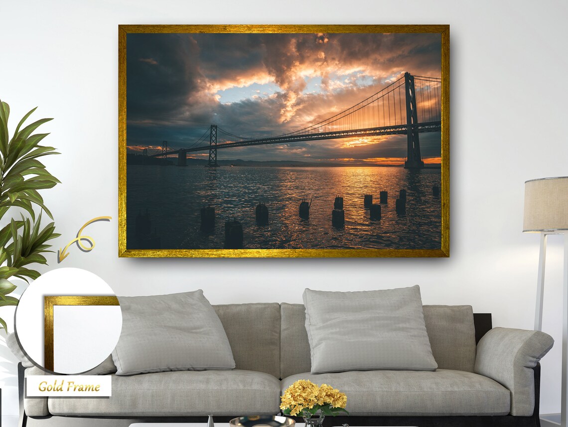 Cloudy Sunset Bridge Painting, Modern Landscape