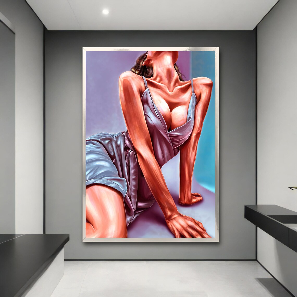 Seductive Woman in Silk Dress, Modern Painting - Image 3