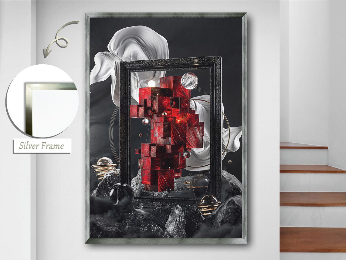 Red Cube Geometric Abstraction, Mixed Media Art - Image 2