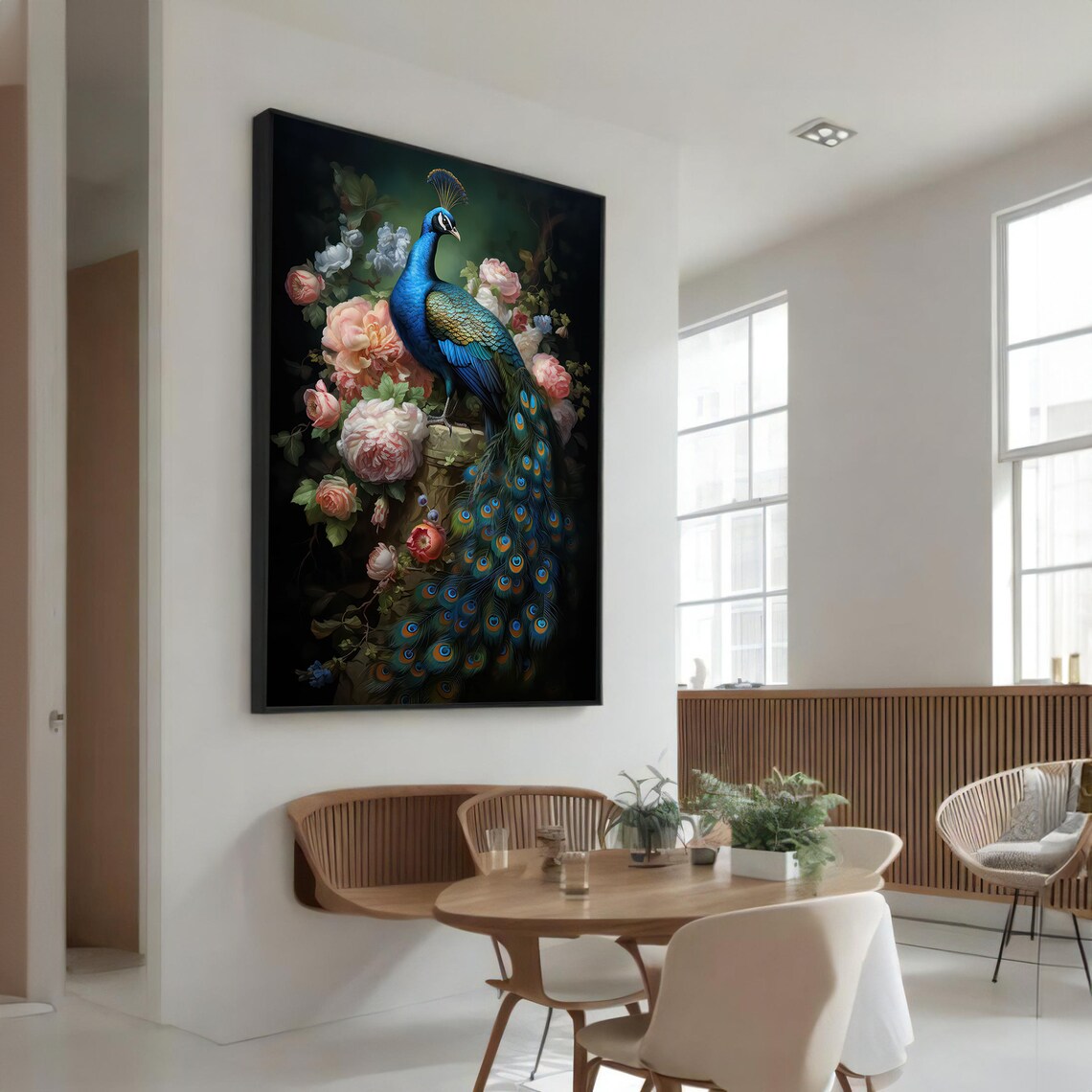 Majestic Peacock And Floral Painting, Elegant Animal Art