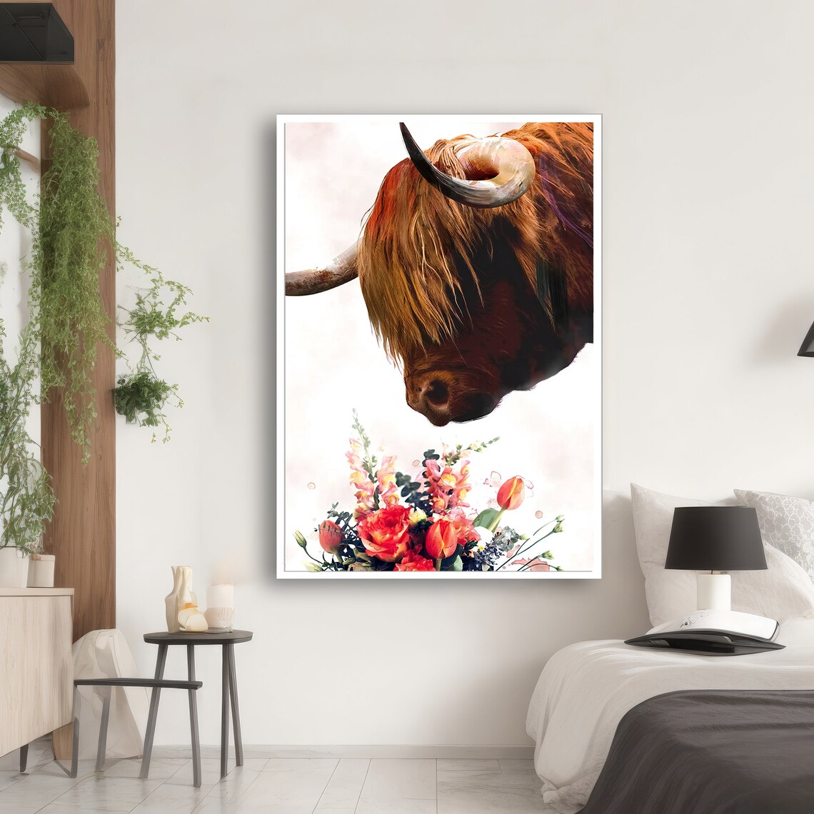 Highland Cow With Flowers Painting, Nature Gift - Image 2