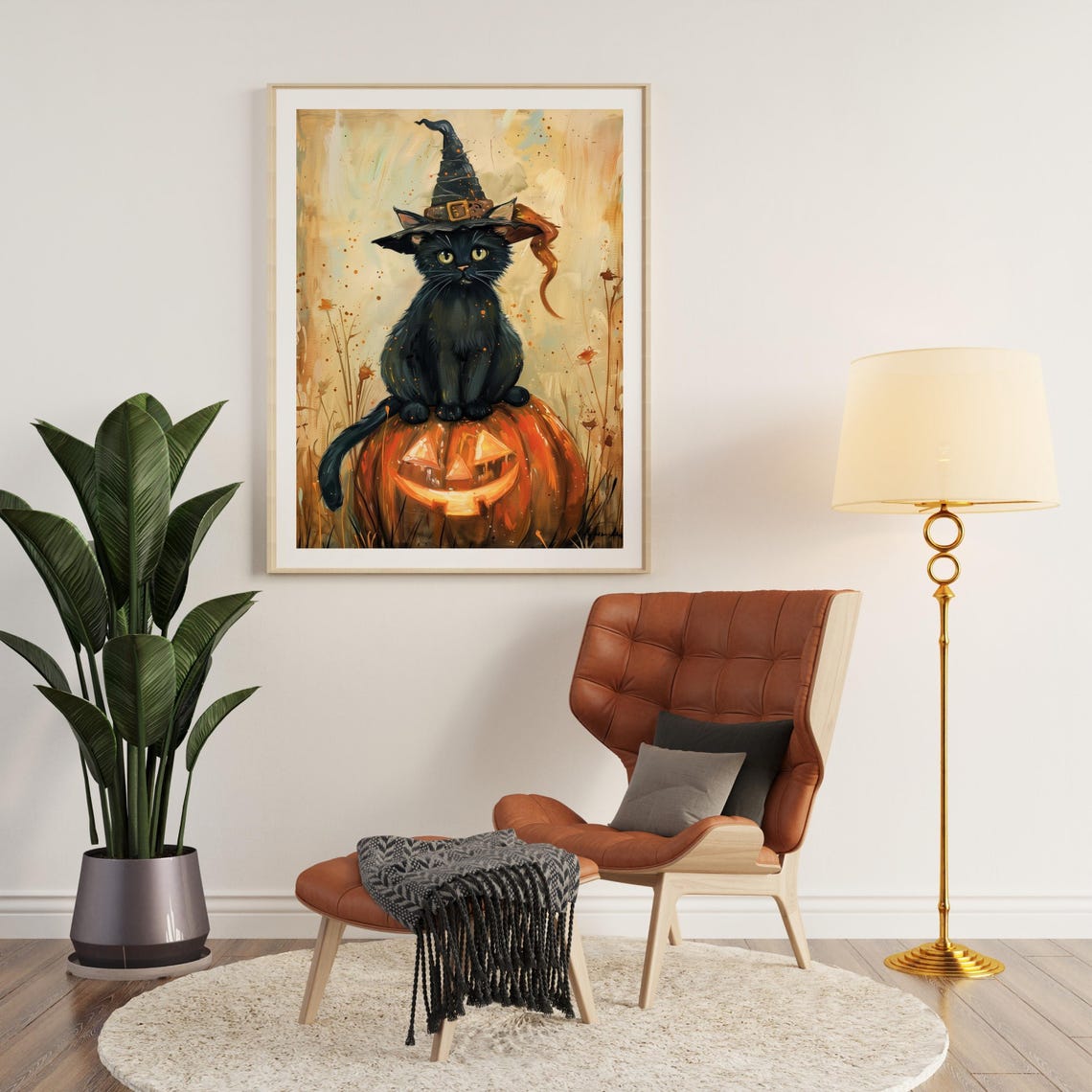 Cute Black Cat In Witch Hat Sitting On Jack O Lantern Poster - Image 3