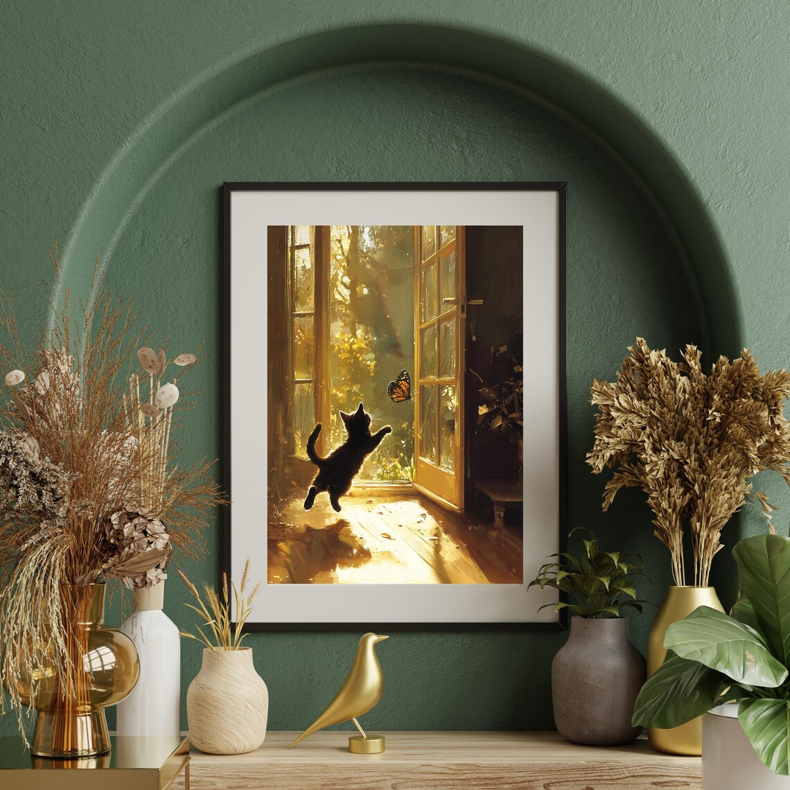 Black Cat In Sunlight Butterfly Art Print - Image 3