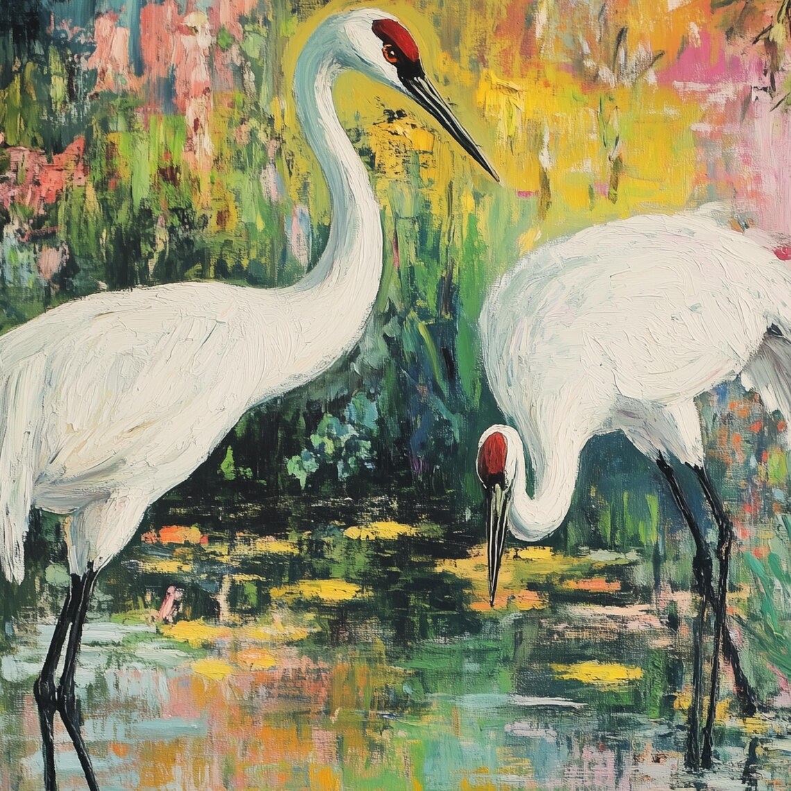 Black Cat White Cranes Poster Colorful Pond Wildlife Painting Nature - Image 3