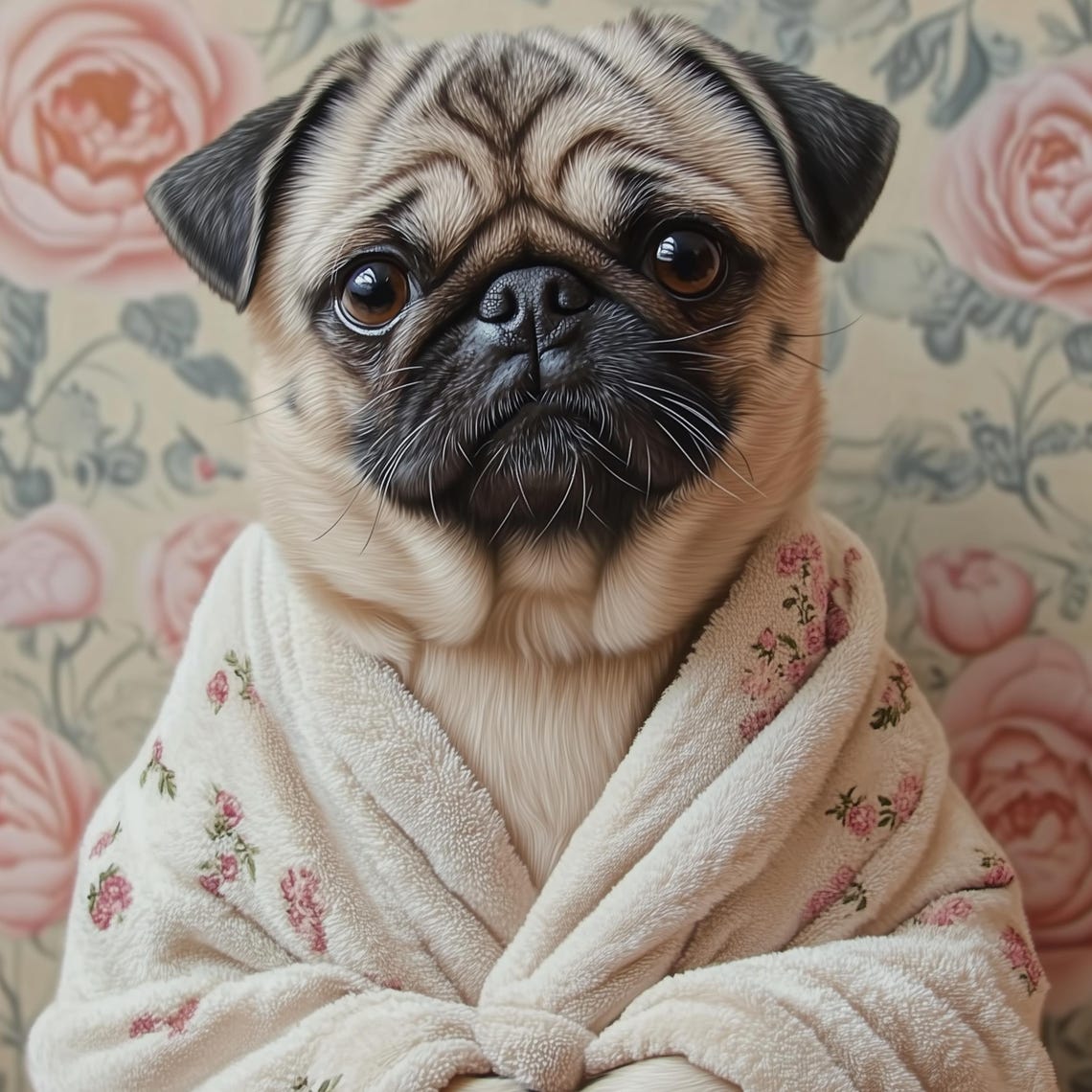 Pug Dog In A Floral Bathrobe Cute Vintage Rose Wallpaper Pet Poster - Image 3