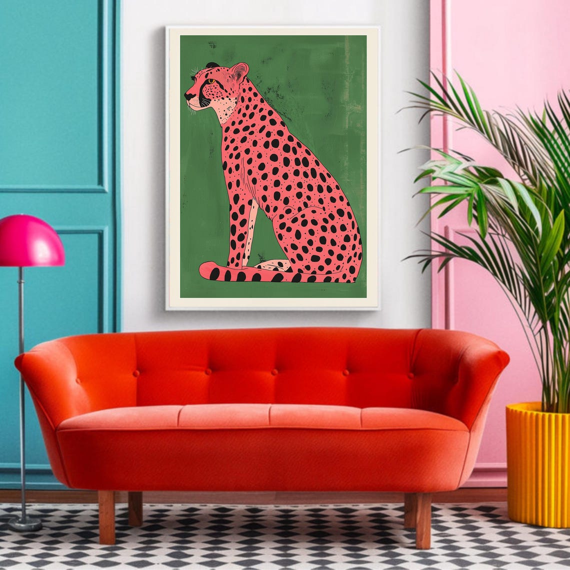 Vibrant Pink Cheetah On Green Background Modern Pop Art Poster - Image 2