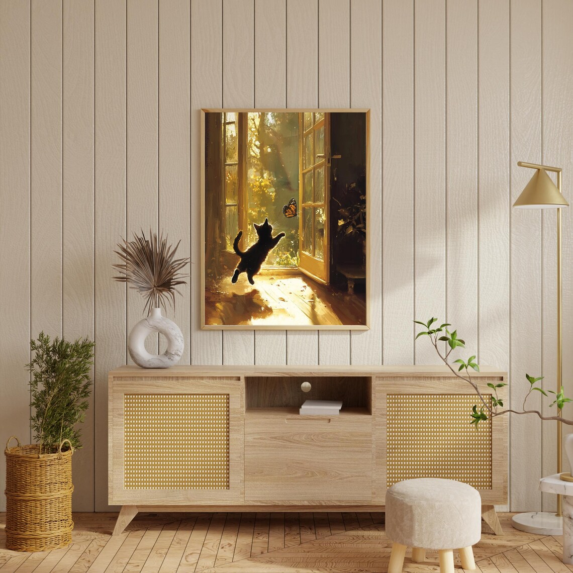 Black Cat In Sunlight Butterfly Art Print - Image 2
