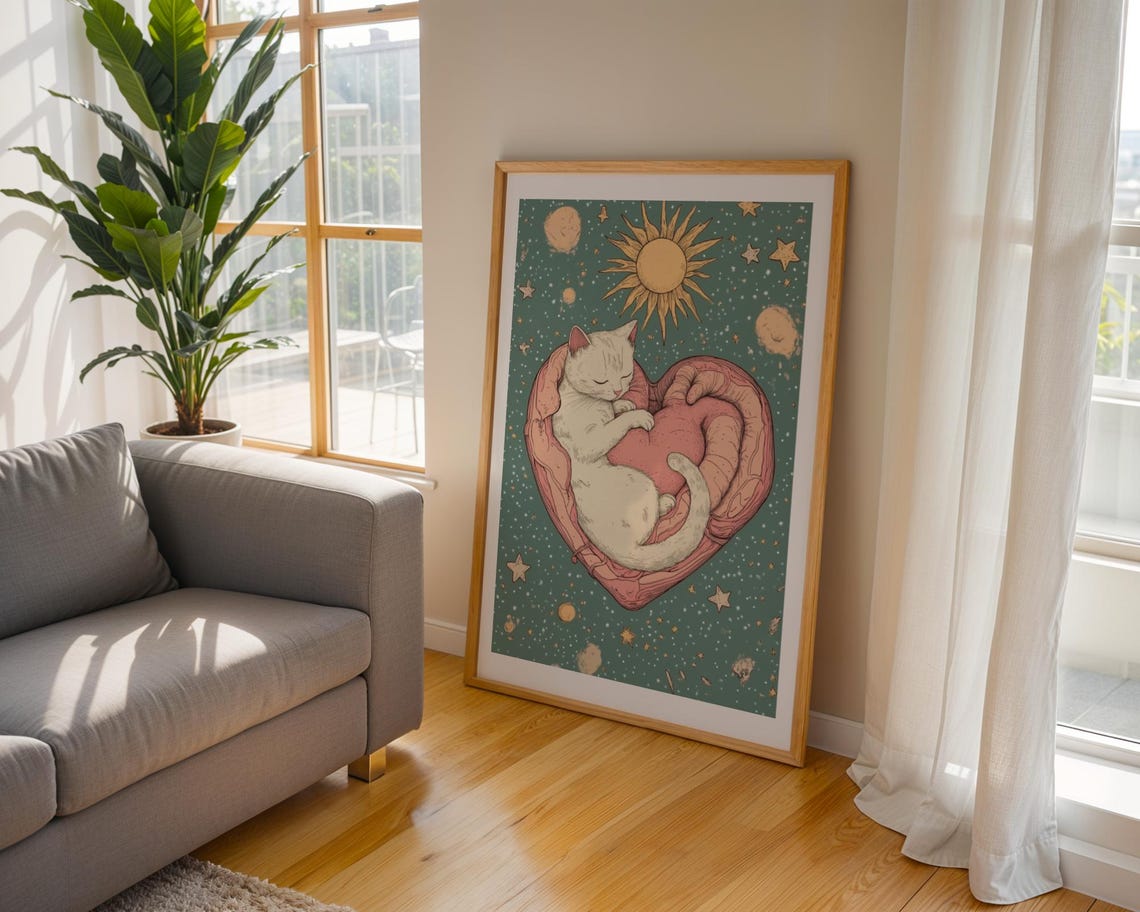 Sleeping White Cat on Heart Celestial Sun Moon Starry Poster - Image 2