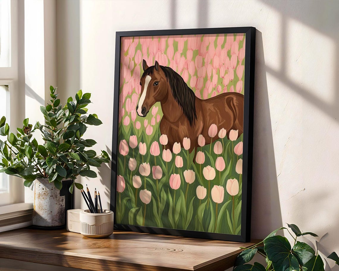 Floral Horse Art Print Horse In Pink Tulip Field Poster Farmhouse Horse And Floral Art Pink Tulip Wall Decor Pink Wall Art Horse - Image 3