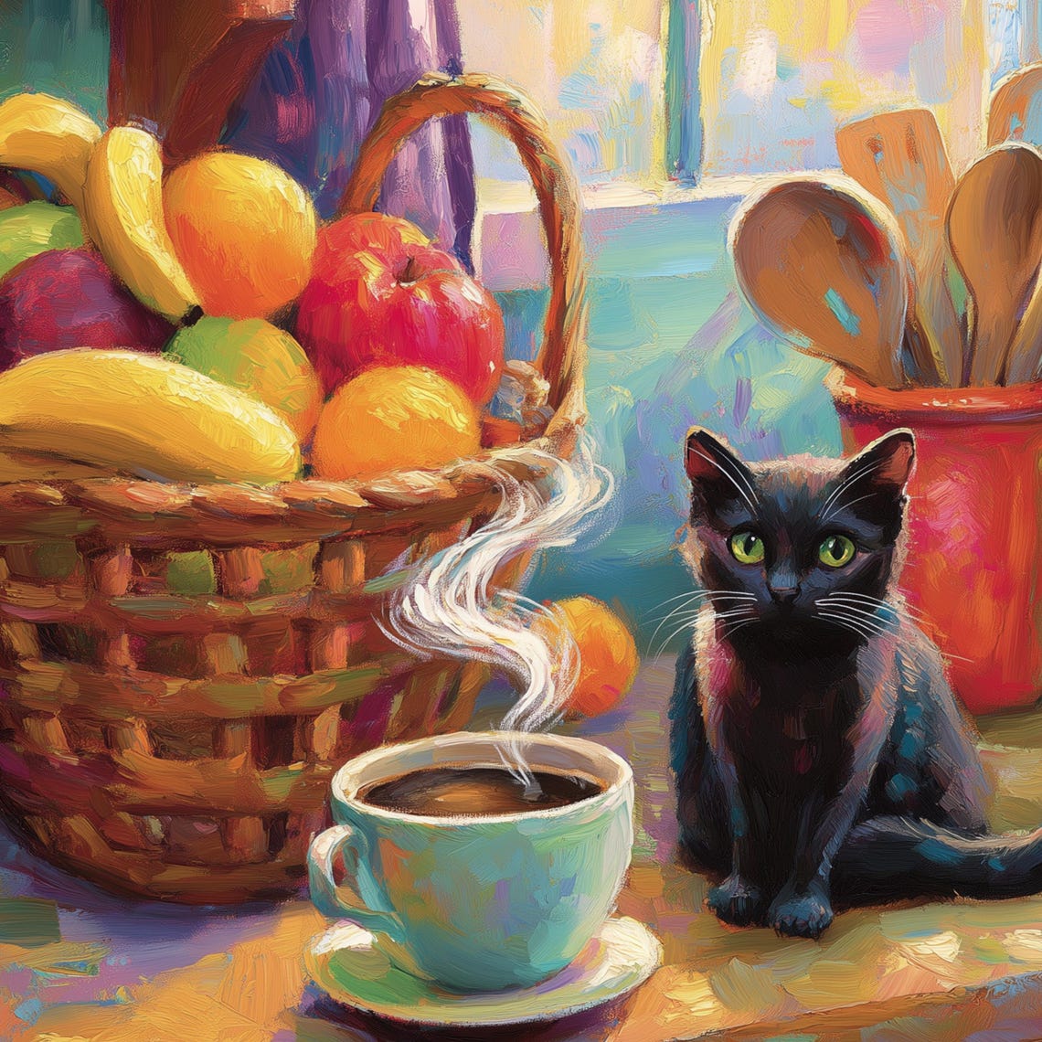 Black Cat Coffee Cup Poster Cozy Kitchen Fruit Basket Morning Painting - Image 3