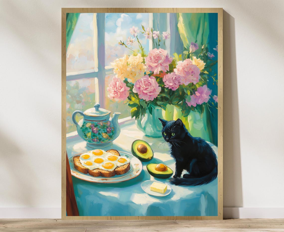 Black Cat Breakfast Scene Poster Eggs Toast Avocado Teapot Kitchen Art