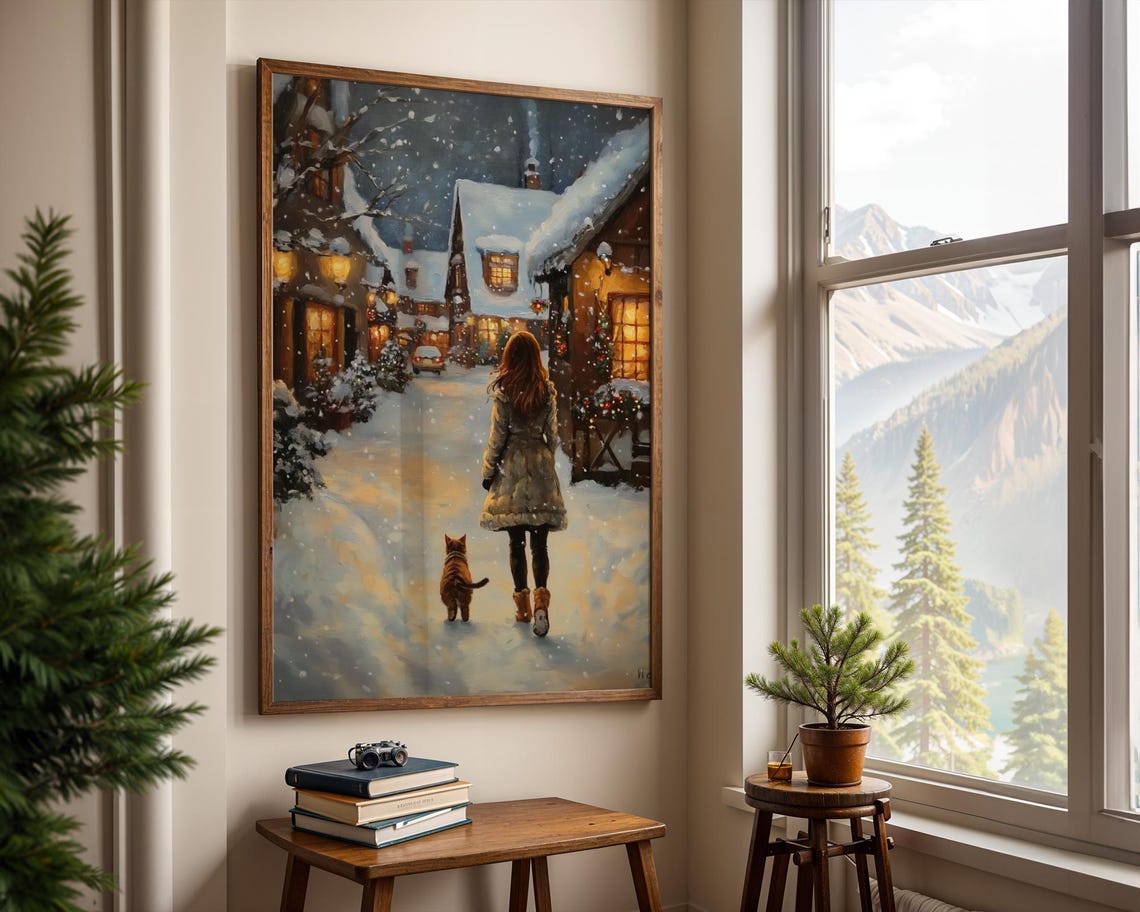 Woman And Cat Strolling Through A Snowy Christmas Village Poster - Image 2