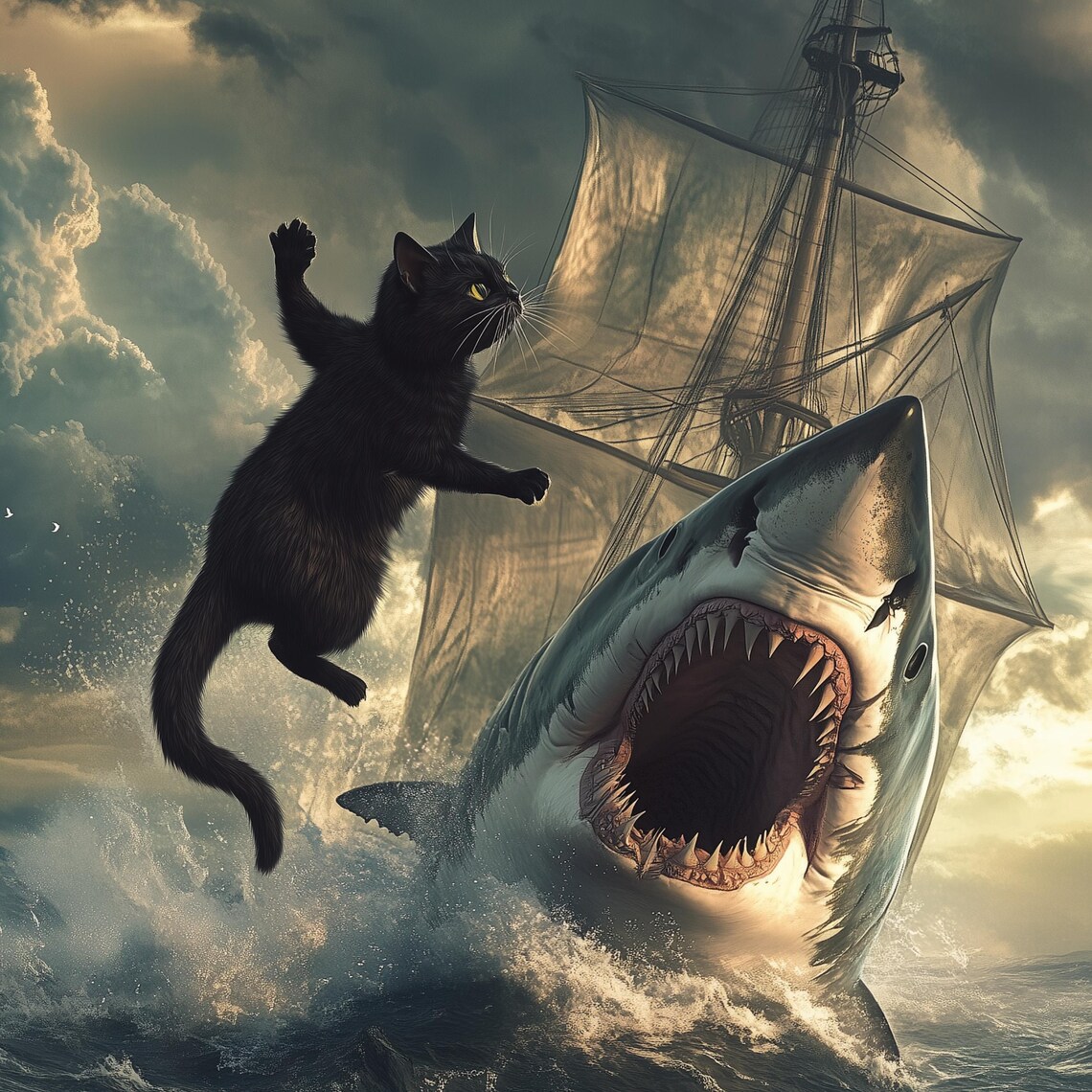 Black Cat in a Sea Battle With Shark Art Print - Image 3