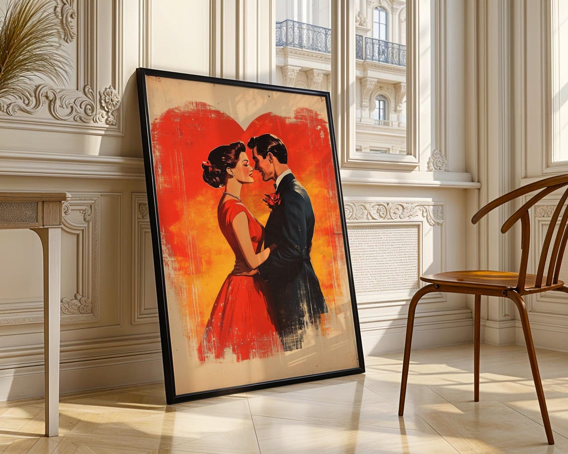 Retro 1950s Couple Embracing Red Heart Background Vintage Love Poster - Image 3