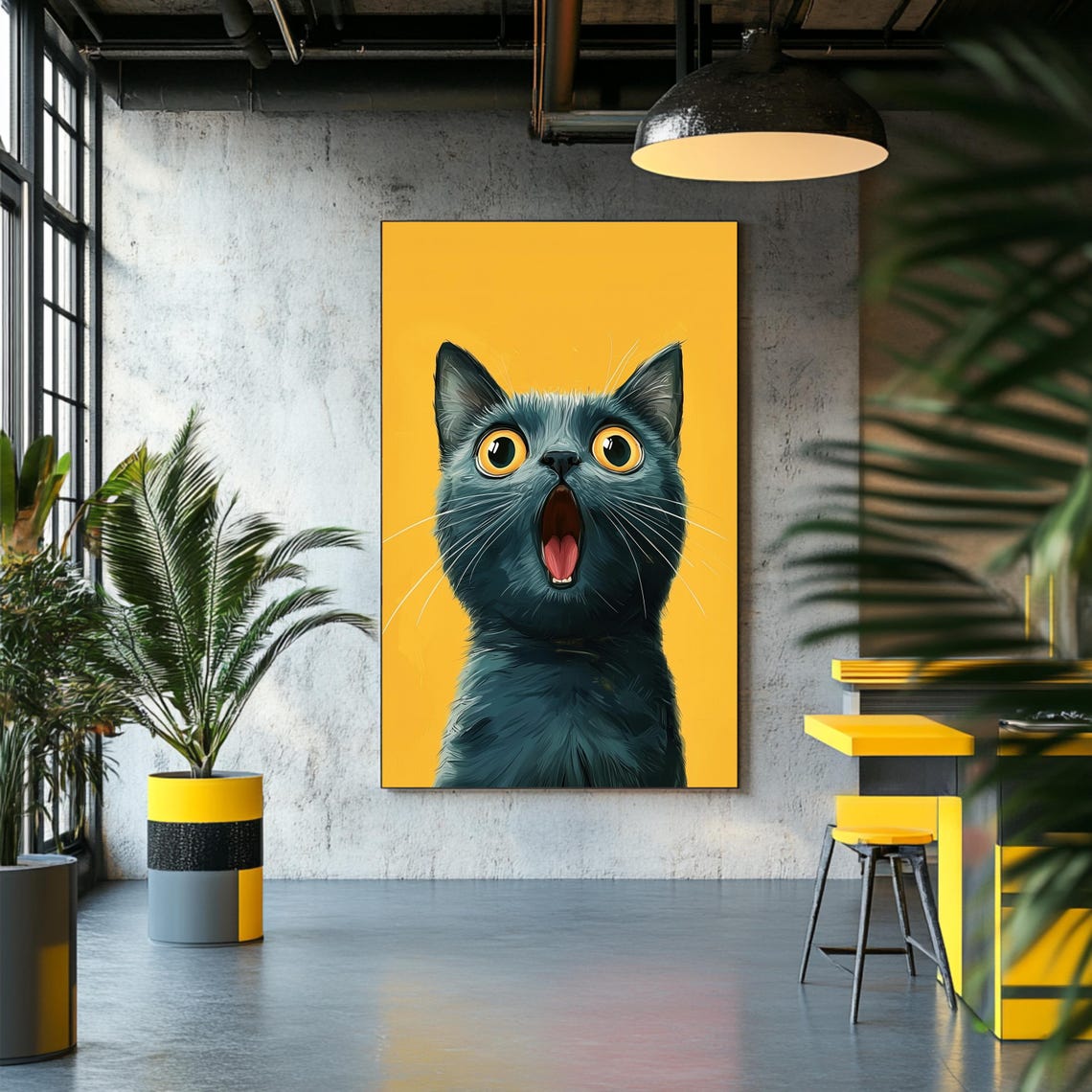 Startled Gray Cat with Huge Wide Eyes on a Bright Yellow Poster - Image 3