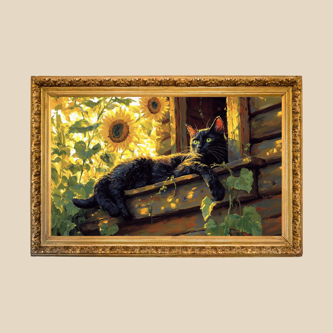 Black Cat Sunflowers Poster Golden Rustic Window Ledge Sunny Painting - Image 3