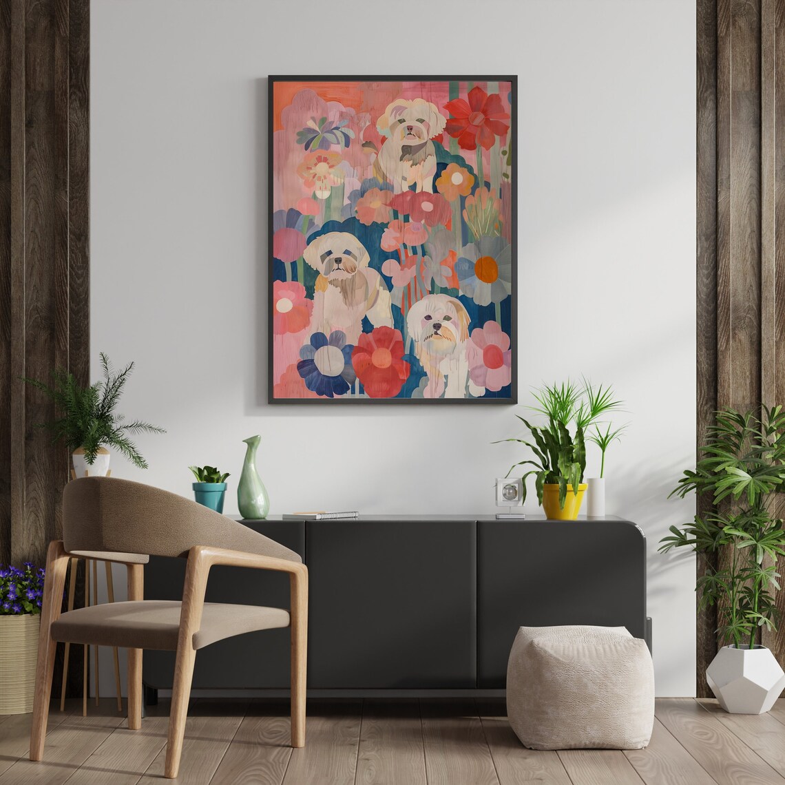Three White Fluffy Dogs Among Colorful Flowers Cheerful Dog Poster - Image 2