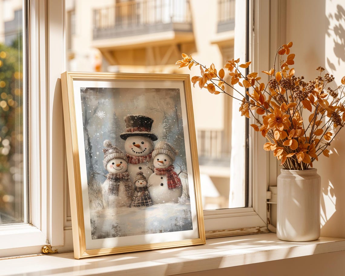 Vintage Snowman Family Painting Wall Art Nursery Holiday Wall Decor Antique Christmas Wall Art Christmas Kids Room Wall Art - Image 3
