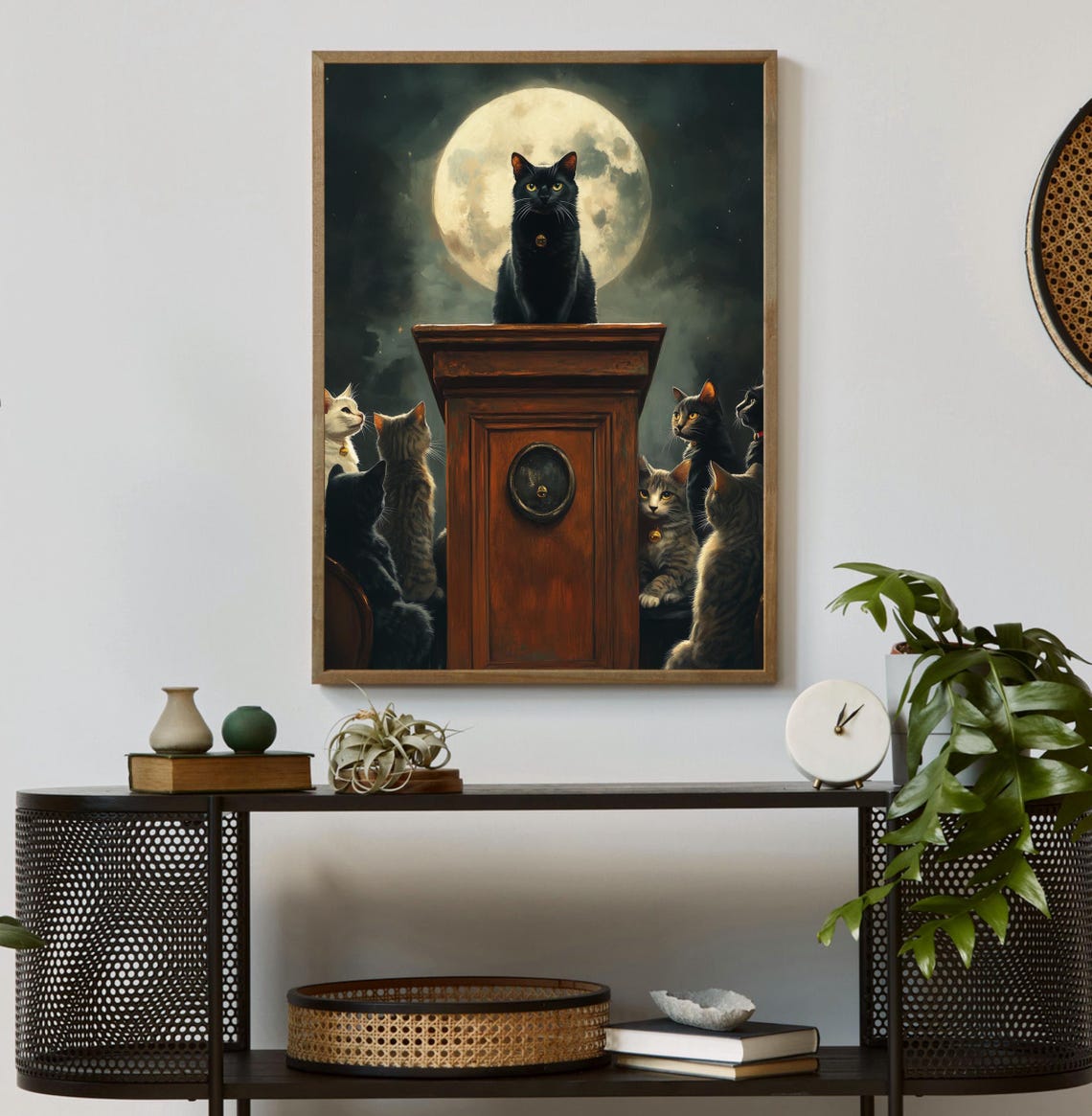 Black Cat Giving Speech to Cats Under Full Moon Whimsical Art Poster - Image 2