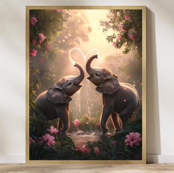Pink Floral Elephant Art Valentines Day Wall Decor Cute Elephant Couple Wall Art Valentines Day Gift Valentines Day Art