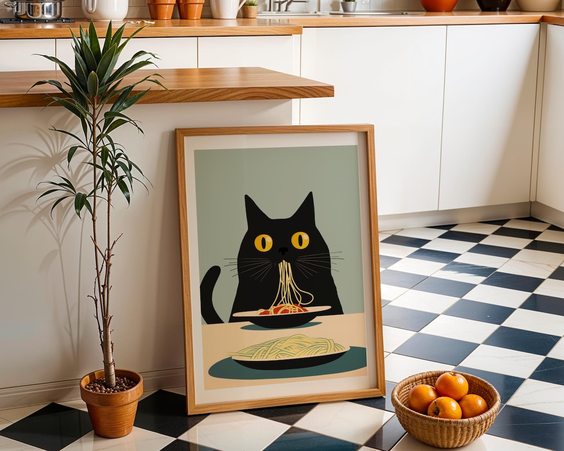 Black Cat Spaghetti Art Print, Whimsical Kitchen Decor - Image 2