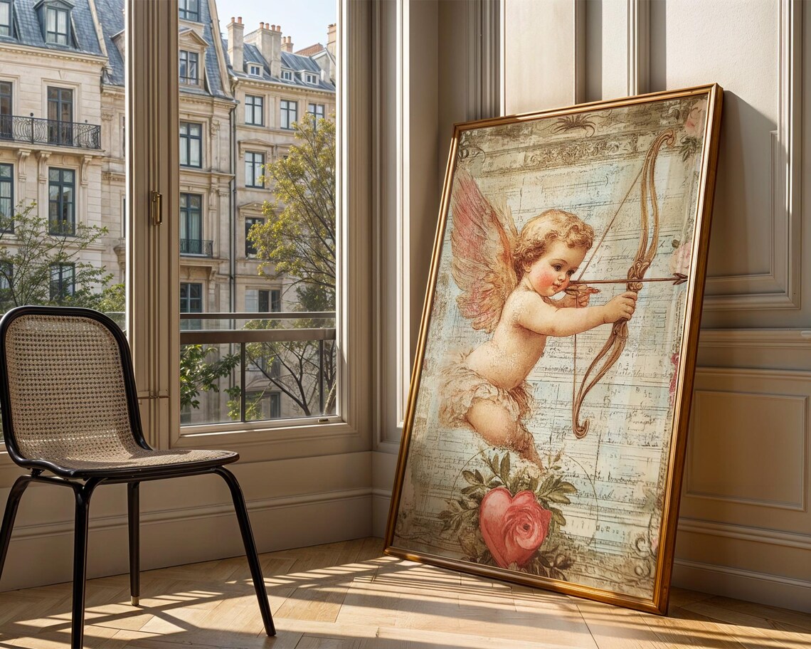 Cupid Drawing His Bow Antique Paper Art Vintage Romantic Archer Poster - Image 3