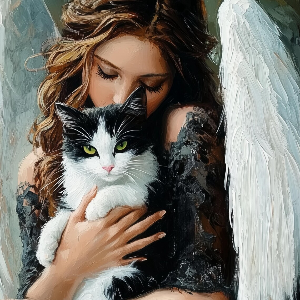 Beautiful Angel Tenderly Kissing A Beloved Tuxedo Cat Poster - Image 3