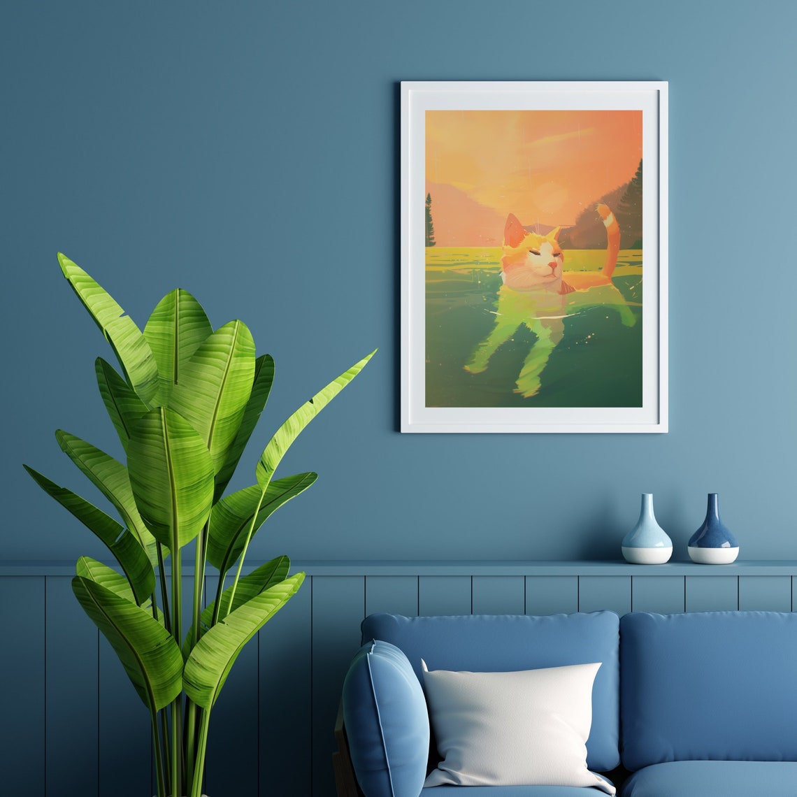 Ginger Cat Swimming In A Sunset Lake Whimsical Colorful Cat Art Poster - Image 2