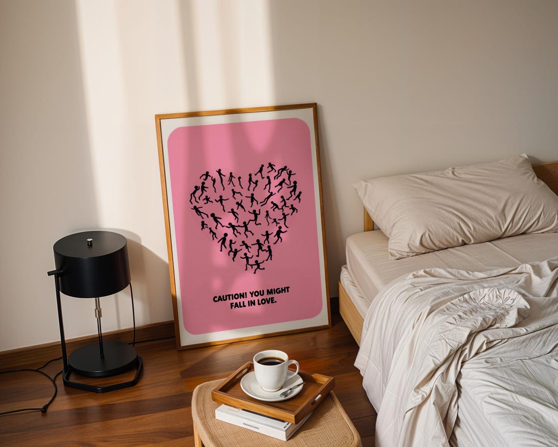 Fall in Love Heart Runners Caution Pink Romantic Quote Poster - Image 2