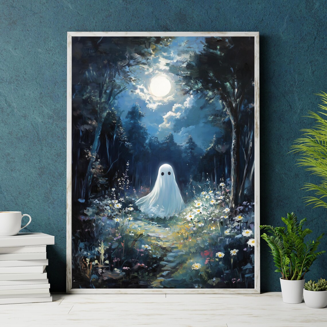 Sweet Little Ghost in a Moonlit Forest of Wildflowers Poster - Image 2