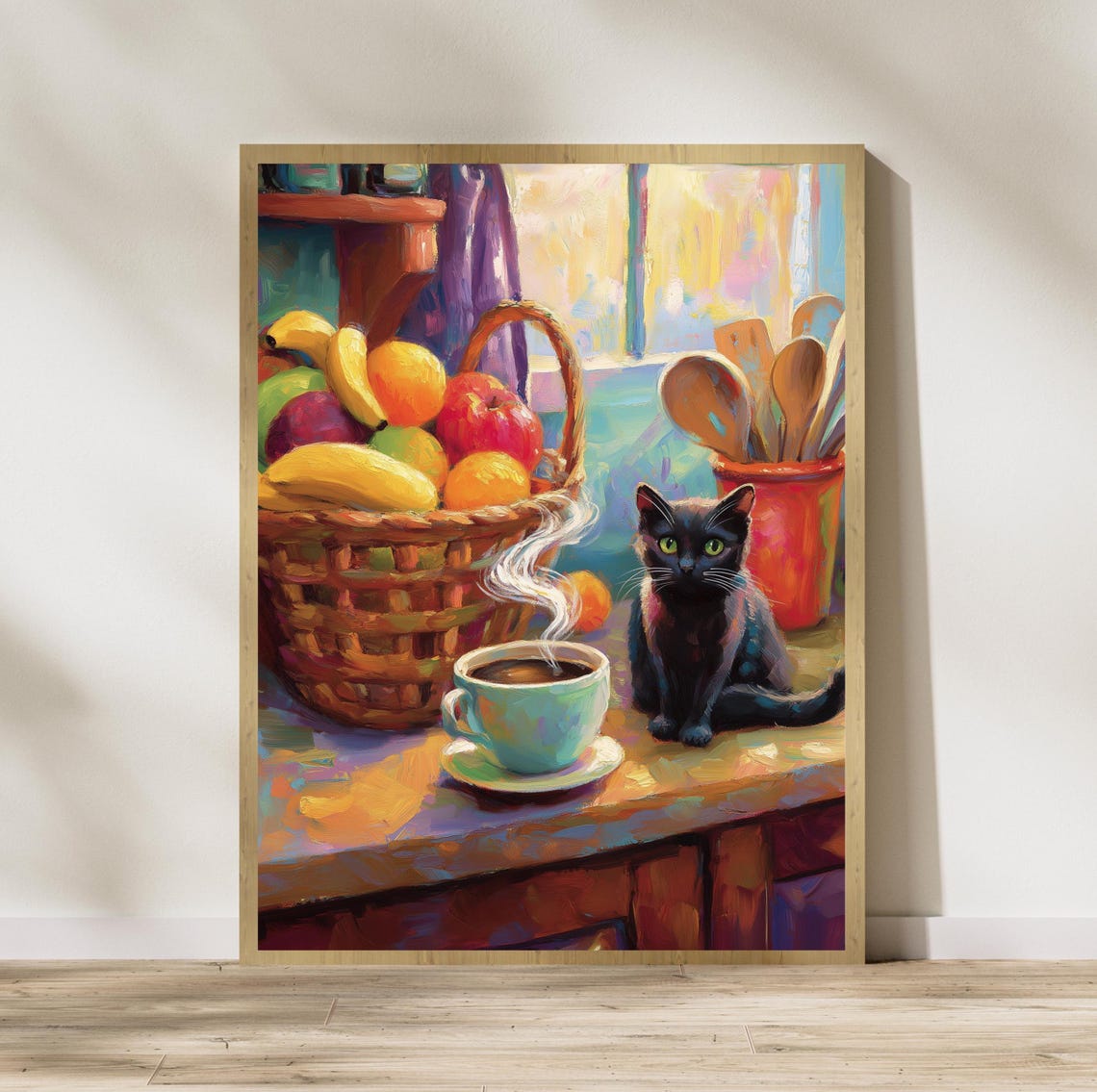 Black Cat Coffee Cup Poster Cozy Kitchen Fruit Basket Morning Painting