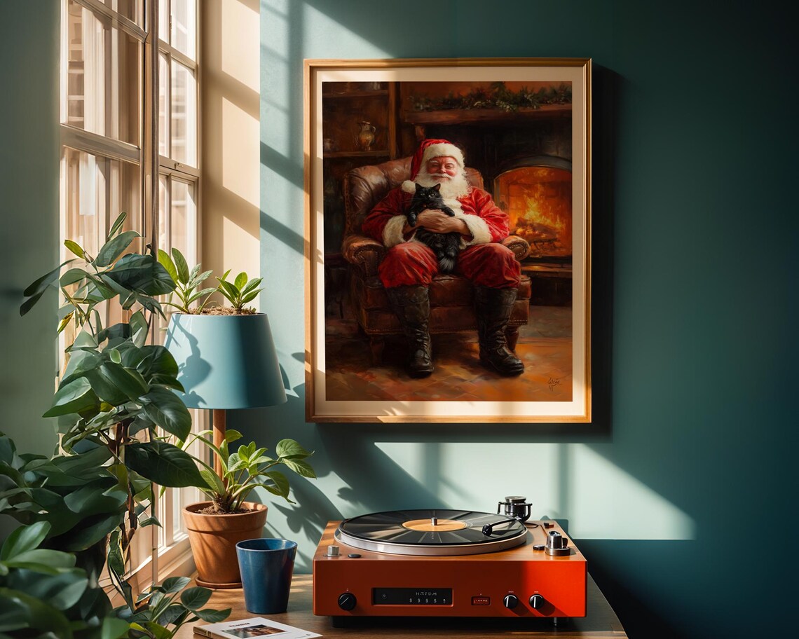 Santa Claus Holding A Black Cat By The Fireplace Cozy Christmas Poster - Image 2