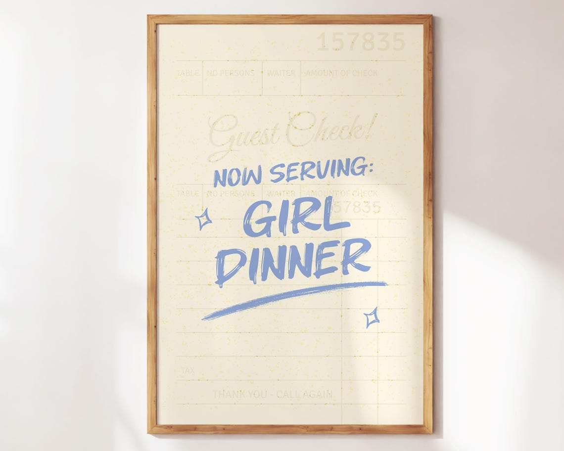 Girl Dinner Guest Check Blue Vintage Receipt Kitchen Art Poster