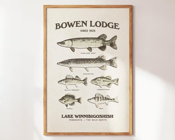 Bowen Lodge Fish Species Chart Monochrome Vintage Angler Poster